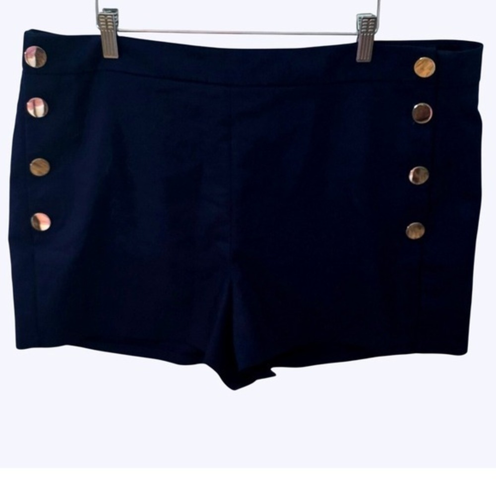 Express Midi High Rise Navy Sailor Shorts 18 Gold Buttons Classic Nautical - Picture 3 of 9